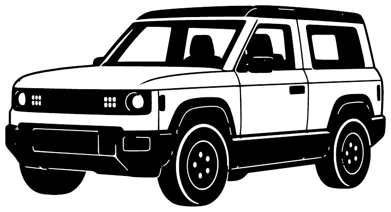 Slate squareback SUV front three-quarter vinyl decal, white cutout graphic