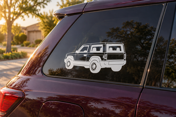 SUV rear three-quarter vinyl decal sticker on dark vehicle window