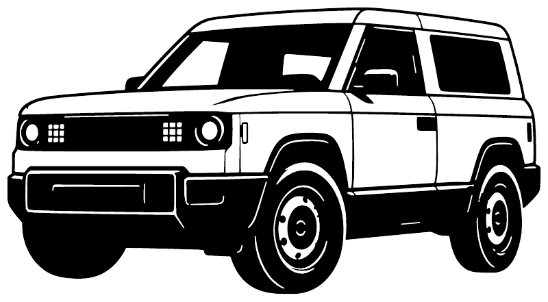 Black-and-white SUV vinyl decal with low front angle, squareback style.