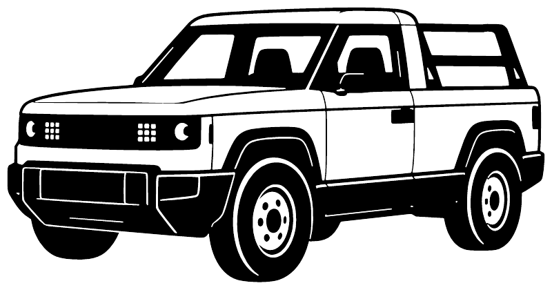 White and black outline truck vinyl decal, front three-quarter view with grille and wheels