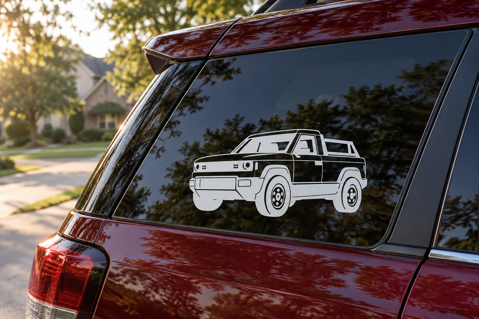 White low front angle truck vinyl decal on car window