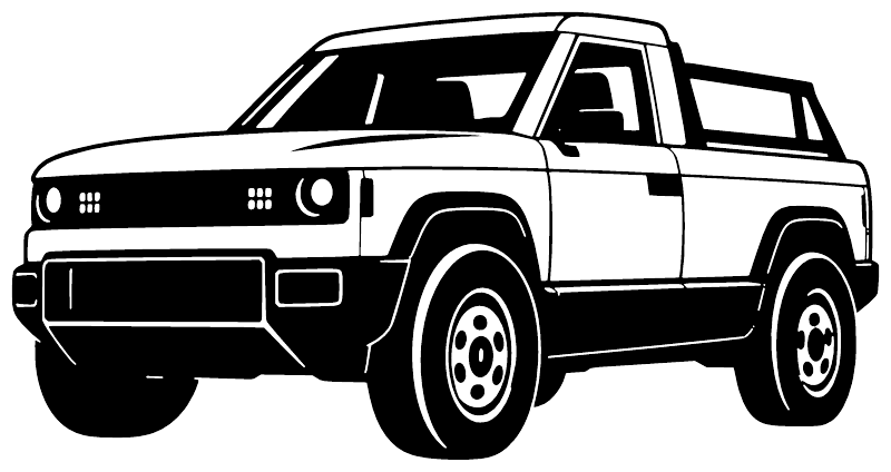 Black-and-white line art truck vinyl decal, side view, low front angle