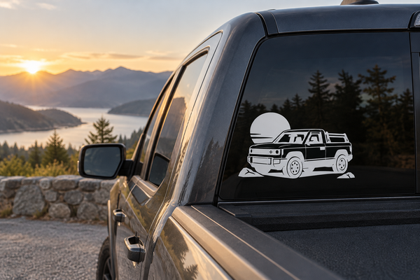 Truck vinyl decal featuring a white off-road concept pickup on a car window