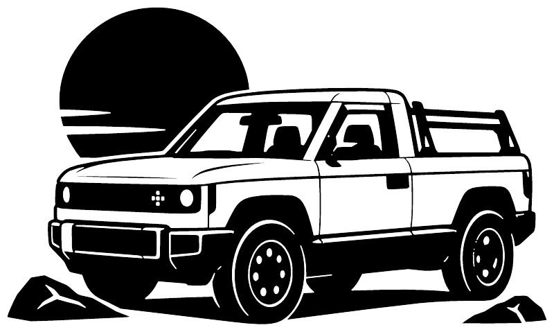 White line-art pickup truck vinyl decal with wheels, grille, and hood details