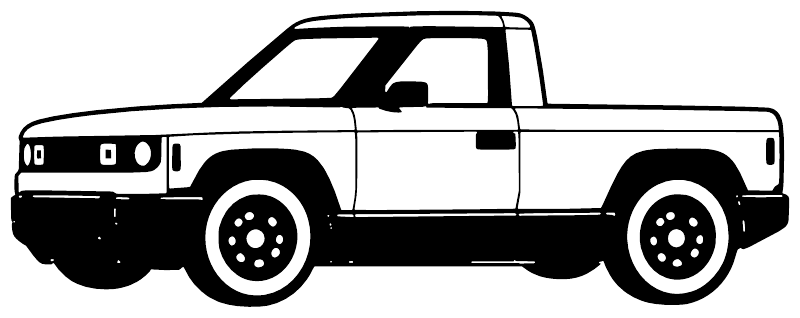 Black-and-white truck side profile vinyl decal with wheels and window outline.