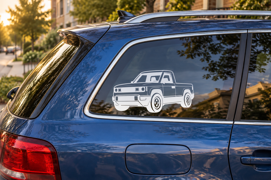 White truck outline vinyl decal on car window quarter panel