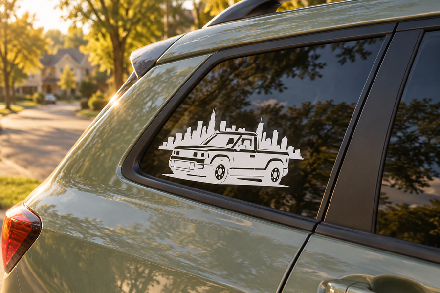 Truck and skyline vinyl decal on car window