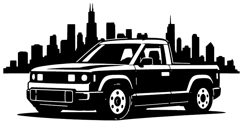 White truck with city skyline vinyl decal graphic