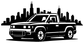 White truck with city skyline vinyl decal graphic