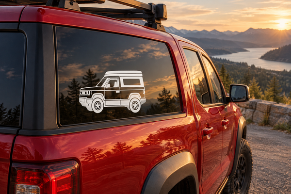 SUV side profile vinyl decal with white off-road truck graphic on car door window