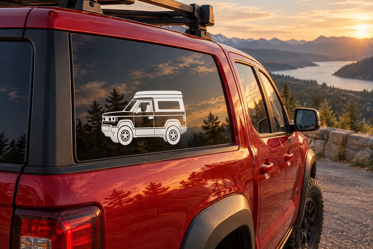 SUV side profile vinyl decal with white off-road truck graphic on car door window