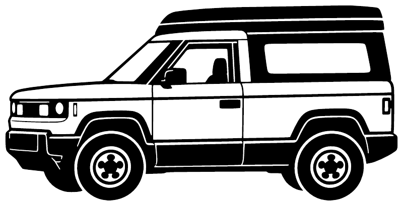 SUV side profile vinyl decal featuring black-and-white off-road vehicle silhouette with roof rack