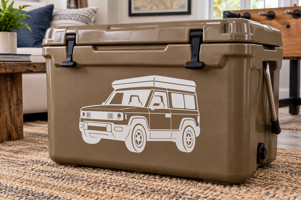 Vinyl SUV decal on tan cooler, white outline of front three-quarter vehicle
