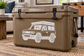 Vinyl SUV decal on tan cooler, white outline of front three-quarter vehicle