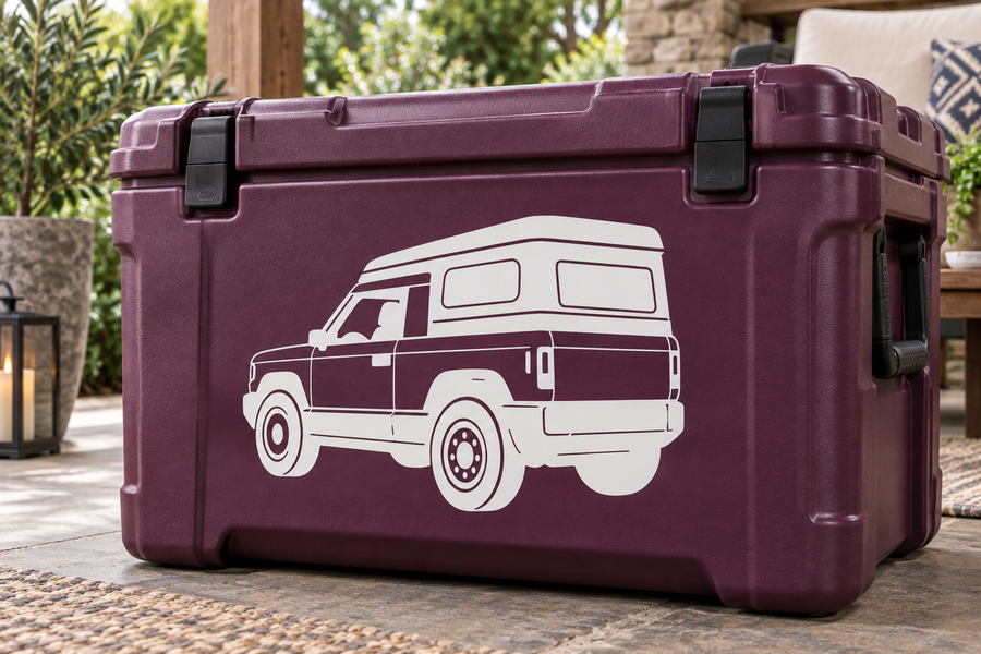 SlateCX023 SUV vinyl decal on dark purple hard case, white outline side view vehicle