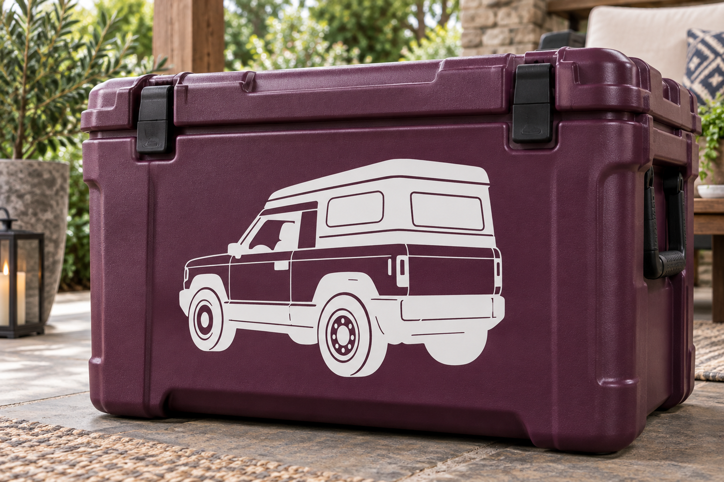 SlateCX023 SUV vinyl decal on dark purple hard case, white outline side view vehicle