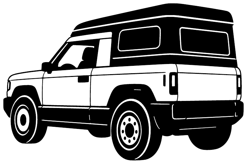 SUV vinyl decal artwork, black outline front three-quarter view on white background