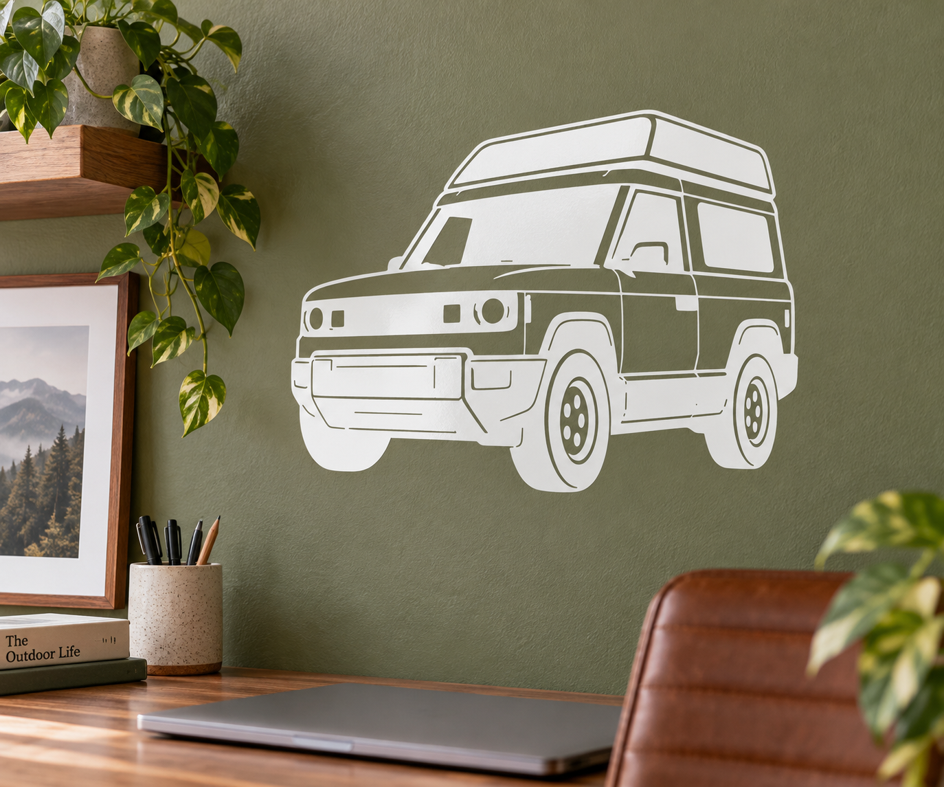 White SUV concept vinyl decal, low front angle outline