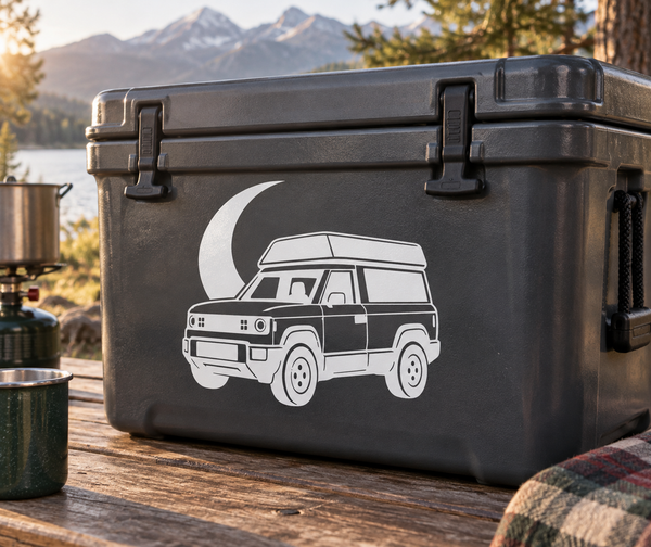 Vinyl decal with white crescent moon and SUV outline on dark cooler