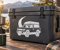 Vinyl decal with white crescent moon and SUV outline on dark cooler