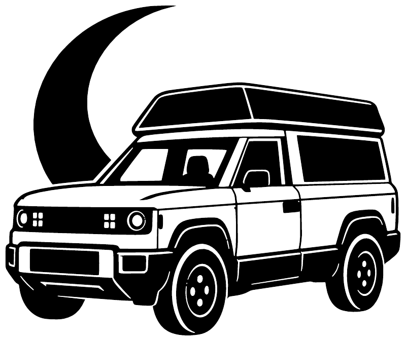 Vinyl decal showing monochrome SUV outline with black crescent moon