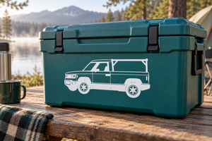 Utility truck side-profile vinyl decal on teal storage container, white truck outline