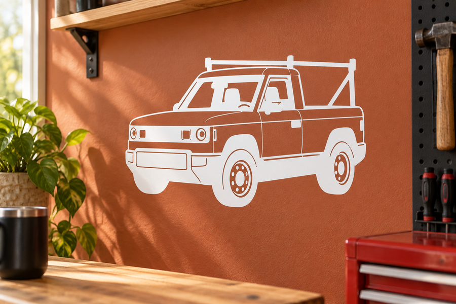 Utility truck vinyl decal, white outline on a flat surface