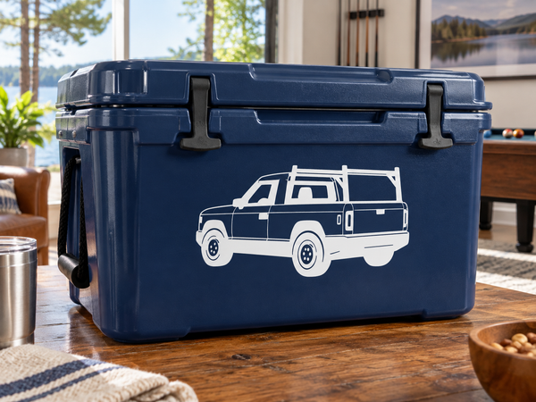Navy utility cooler with white truck vinyl decal on front
