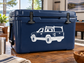 Navy utility cooler with white truck vinyl decal on front