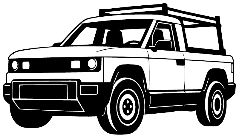 Black and white outline truck vinyl decal sticker, side view with roof rack