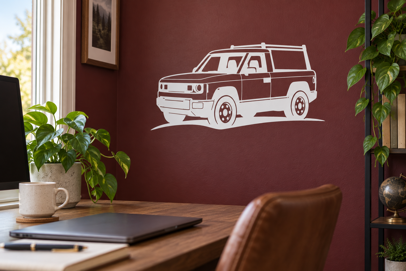 White SUV truck roof rack vinyl decal with line-art vehicle outline
