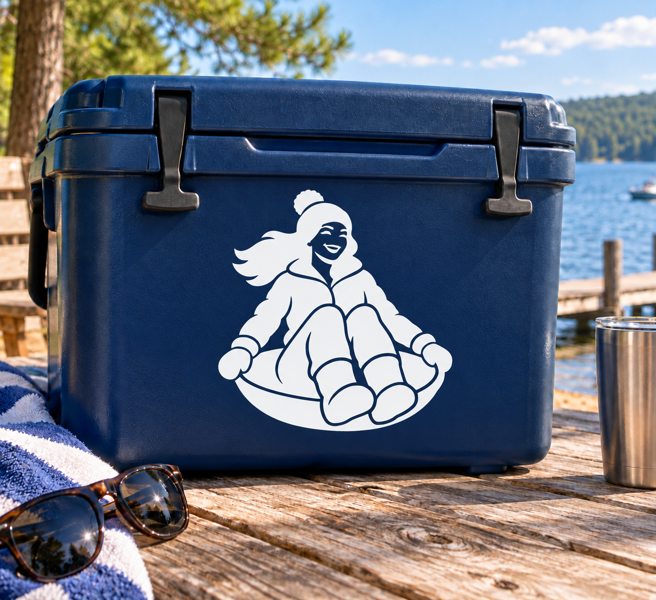 White vinyl decal of a smiling sledder sitting on a sled