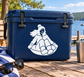 White vinyl decal of a smiling sledder sitting on a sled