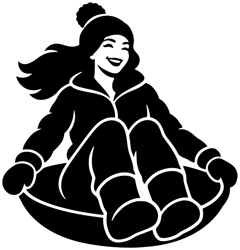 Black vinyl decal silhouette of a smiling woman sledding on a sled