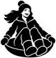 Black vinyl decal silhouette of a smiling woman sledding on a sled