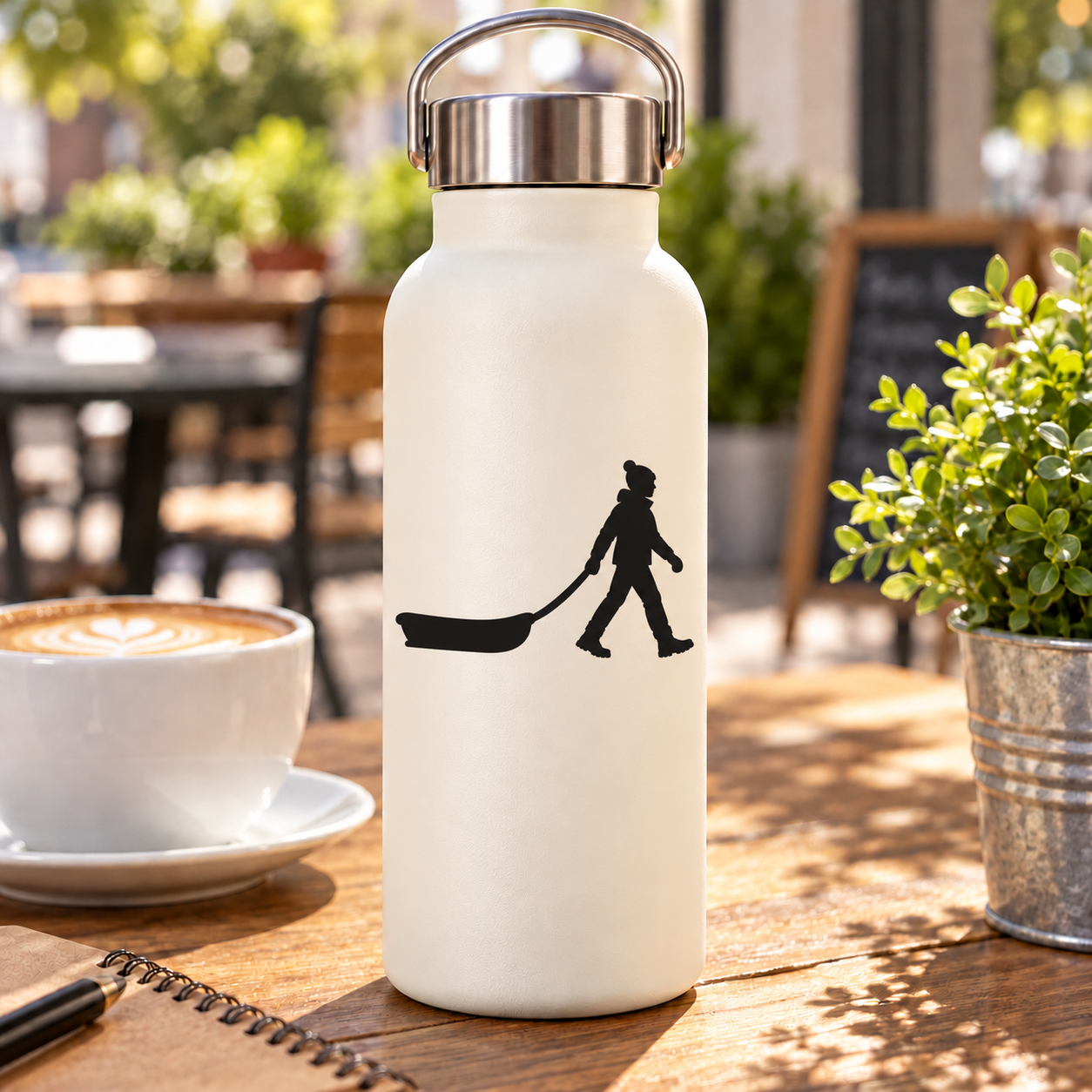 Winter sledding vinyl decal: black figure pulling sled on a white bottle