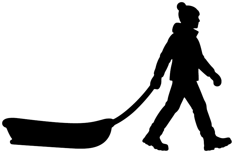 Winter sledding vinyl decal silhouette of person pulling sled, black