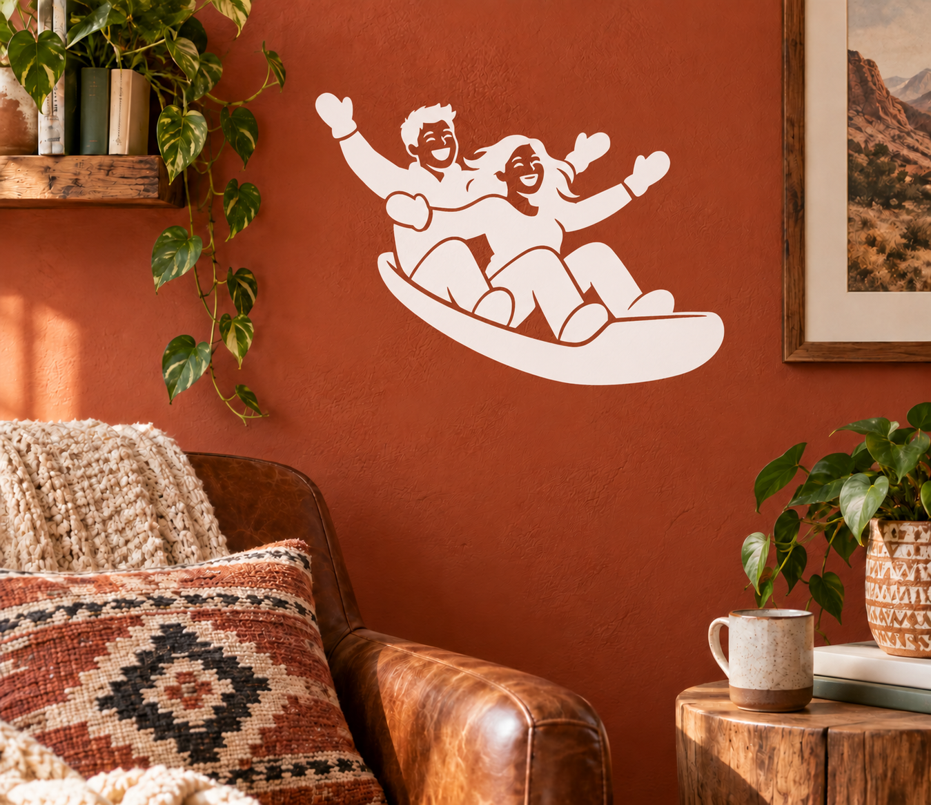 White vinyl sledding decal of two people riding a toboggan sled