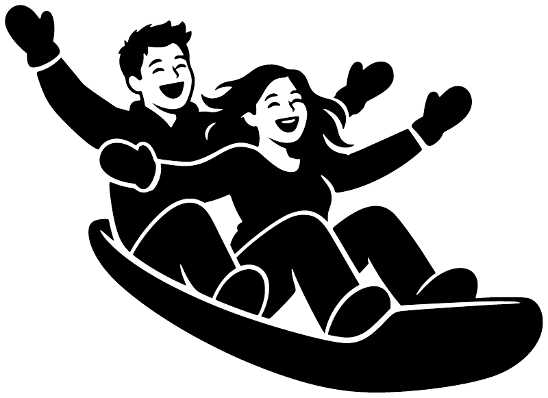 Black vinyl sledding decal of two people riding a toboggan sled