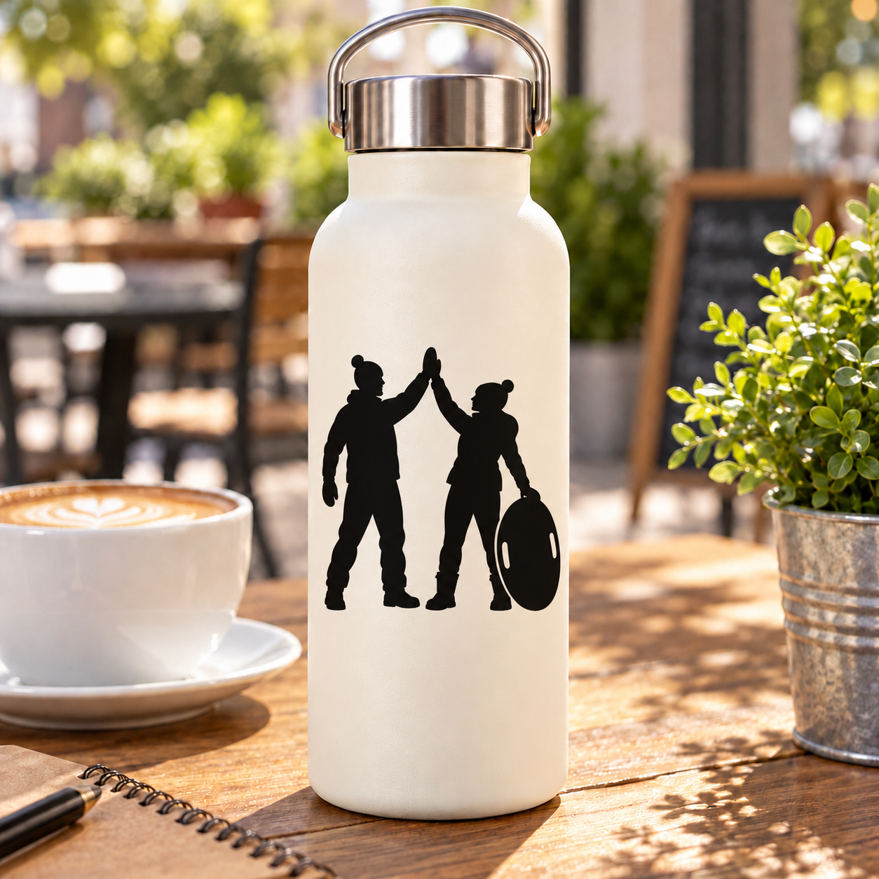 Vinyl decal showing kids high-fiving with sledding silhouettes on a bottle