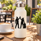 Vinyl decal showing kids high-fiving with sledding silhouettes on a bottle
