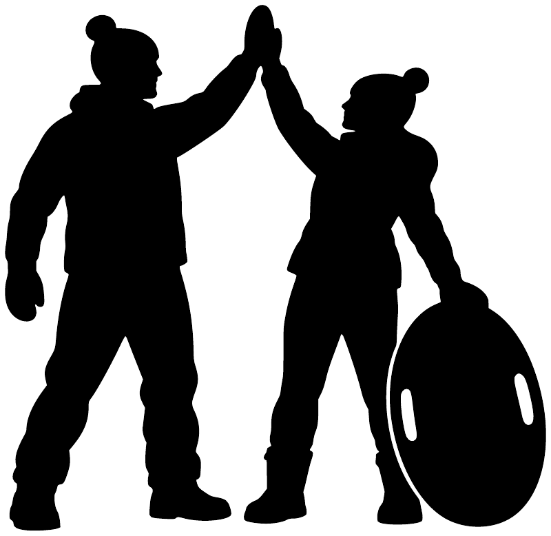 Black sledding silhouettes vinyl decal: kids high-fiving with a sled