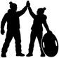 Black sledding silhouettes vinyl decal: kids high-fiving with a sled