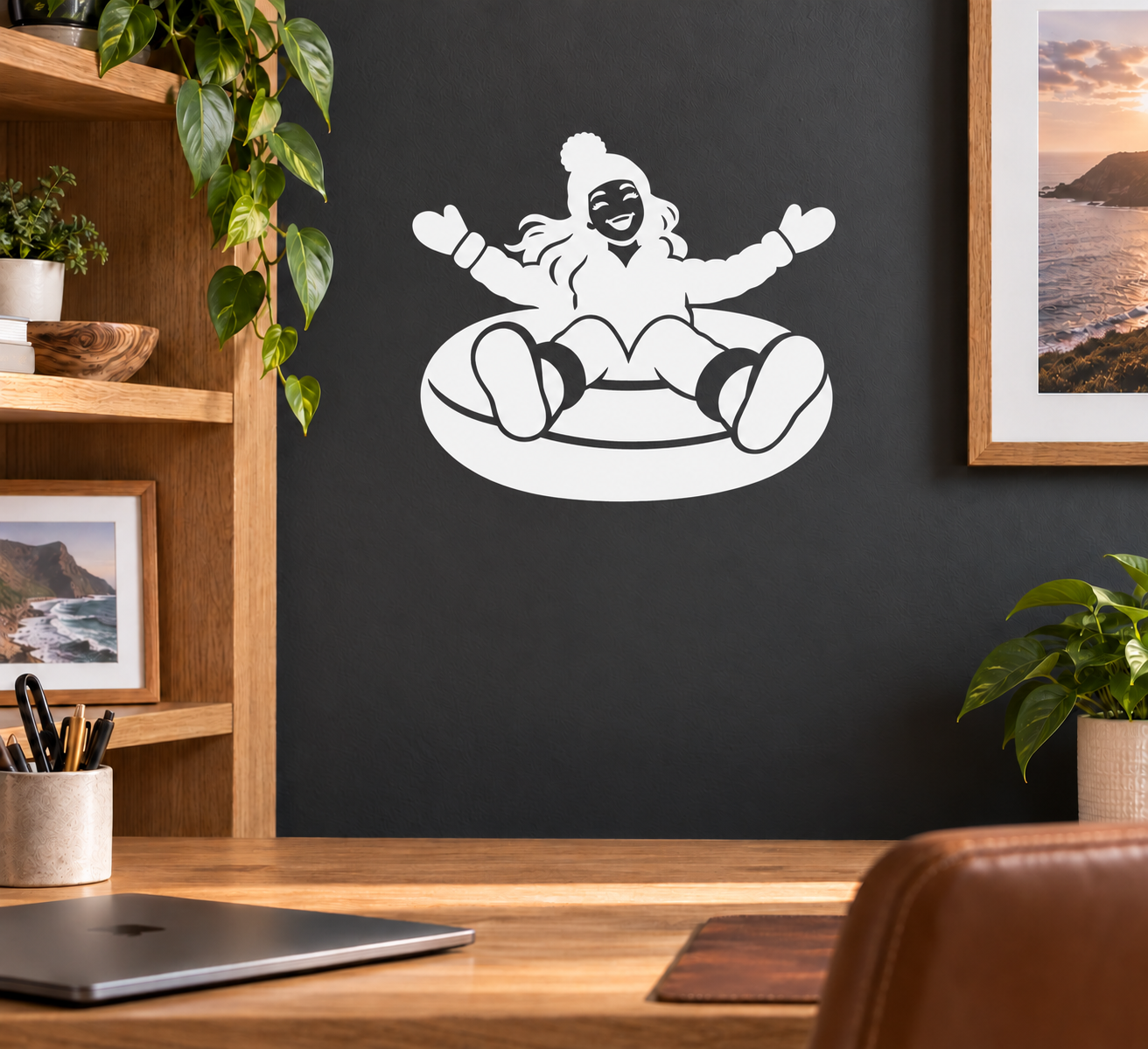 White sledding snow tube vinyl decal with smiling rider on inner tube