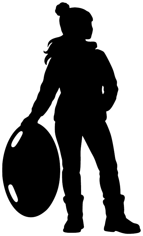Black vinyl decal silhouette of a sledder holding a round saucer sled