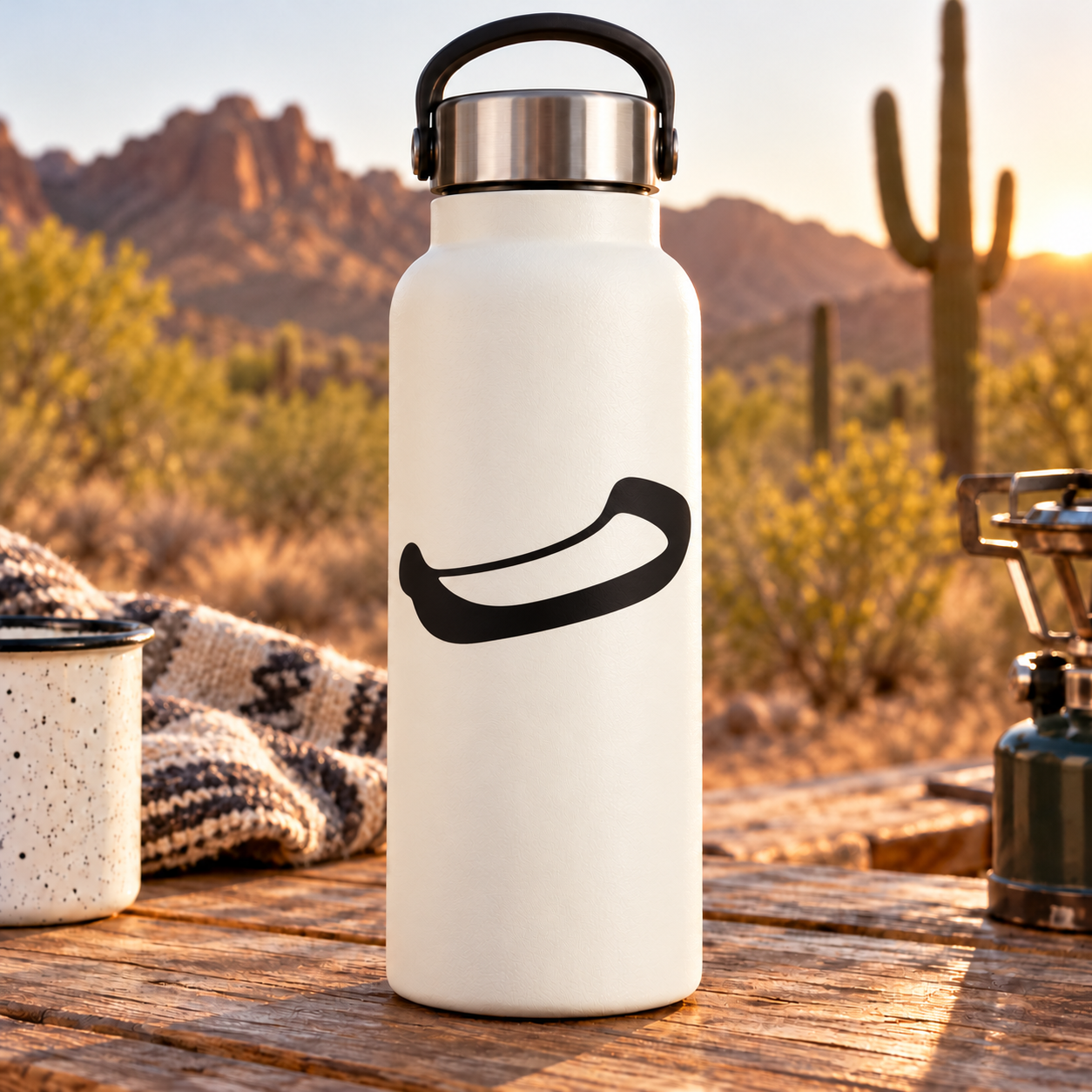 Curved sled vinyl decal in black, shown on a white bottle