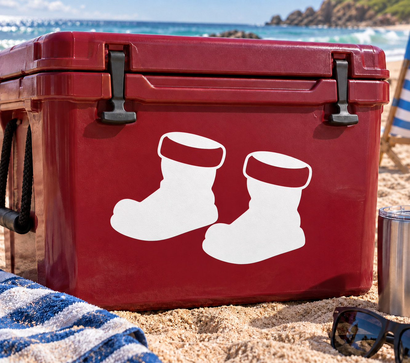 Snow boots vinyl decal: two white boot silhouettes on red