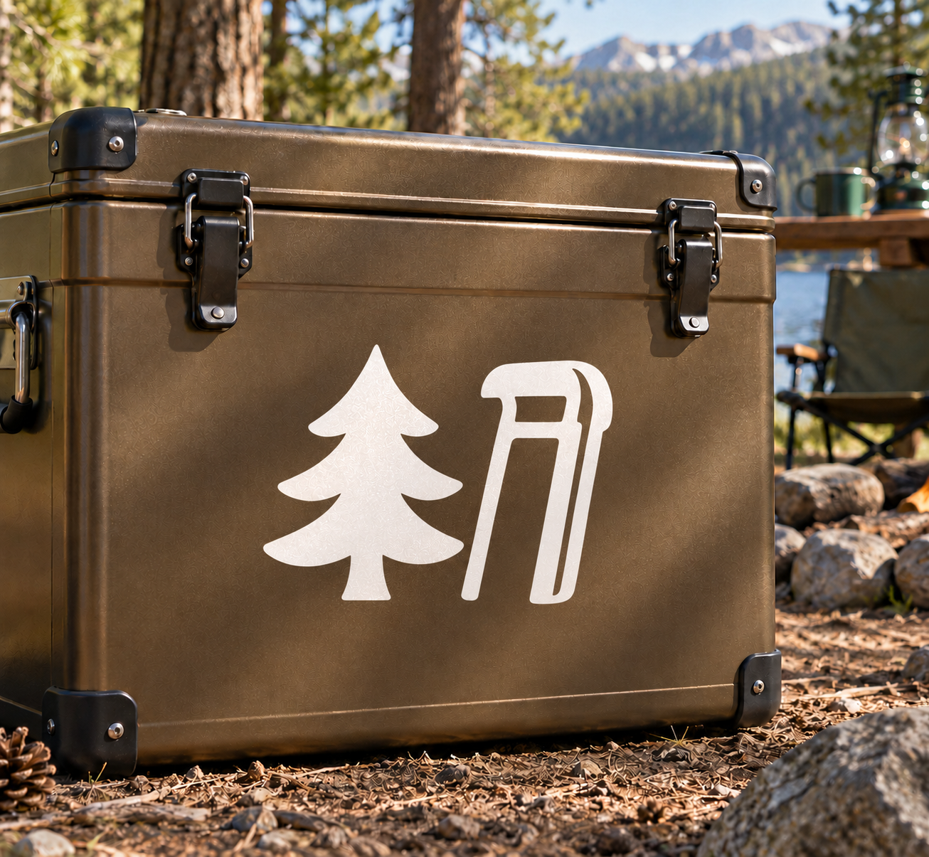 Vinyl decal with white pine tree and sled icon on a brown surface