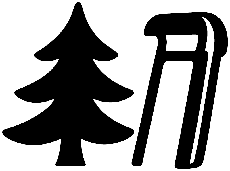 Vinyl decal graphic: black pine tree and sled icon on white background