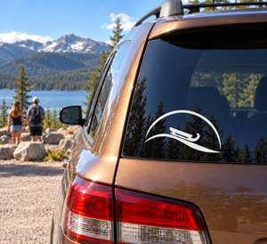 Arch vinyl decal with black sled icon for vehicle windows